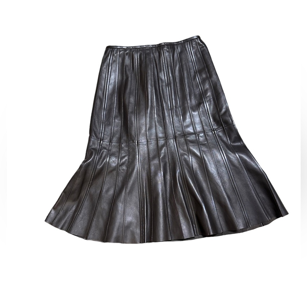 Lafayette 148 Brown Chestnut Lamb Skin Leather Pleated Leather Flare MIDI Skirt
